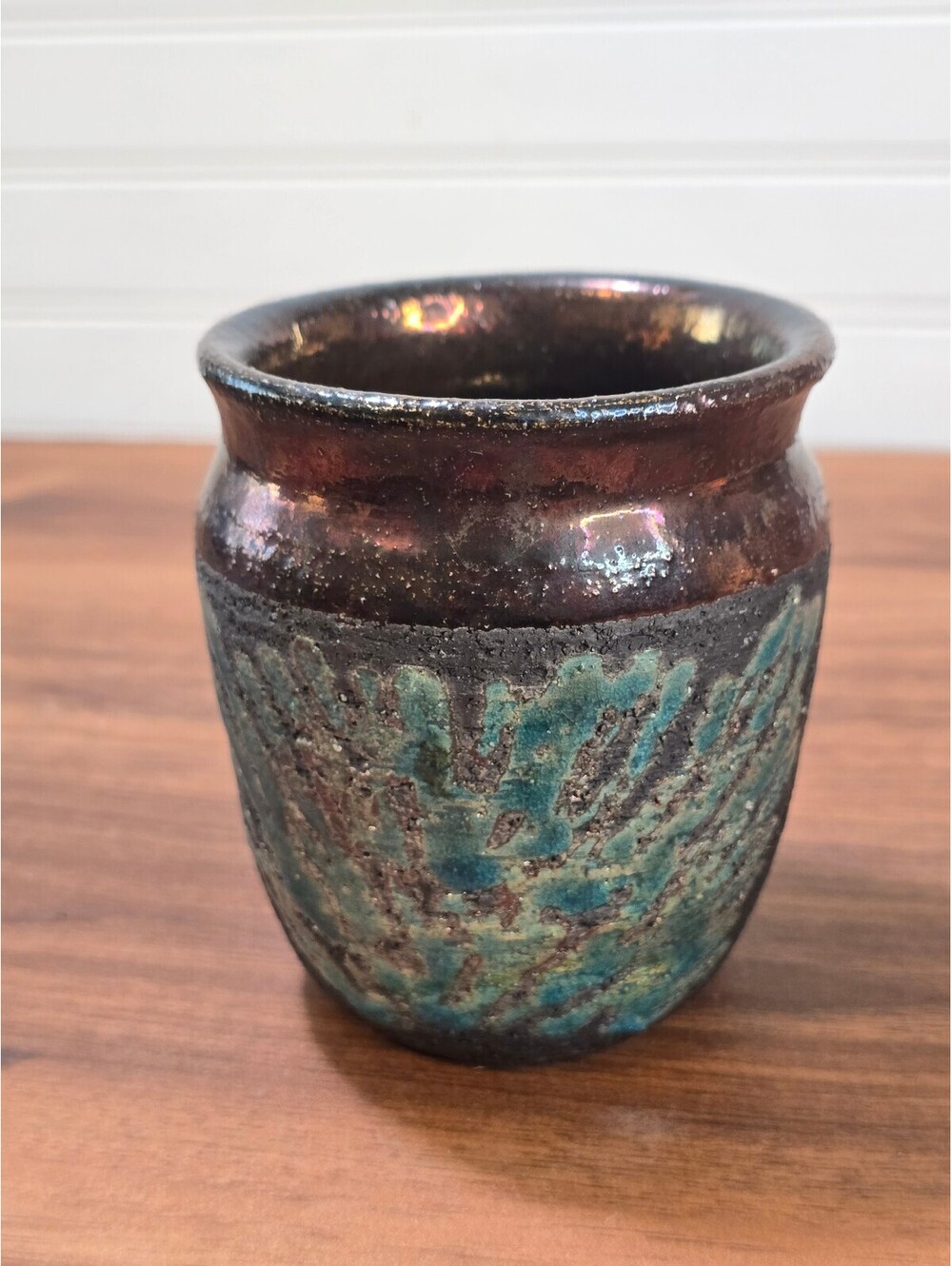 Vintage Brutalist Studio Pottery Metallic Lava Glaze Turquoise Art Vase Cup
